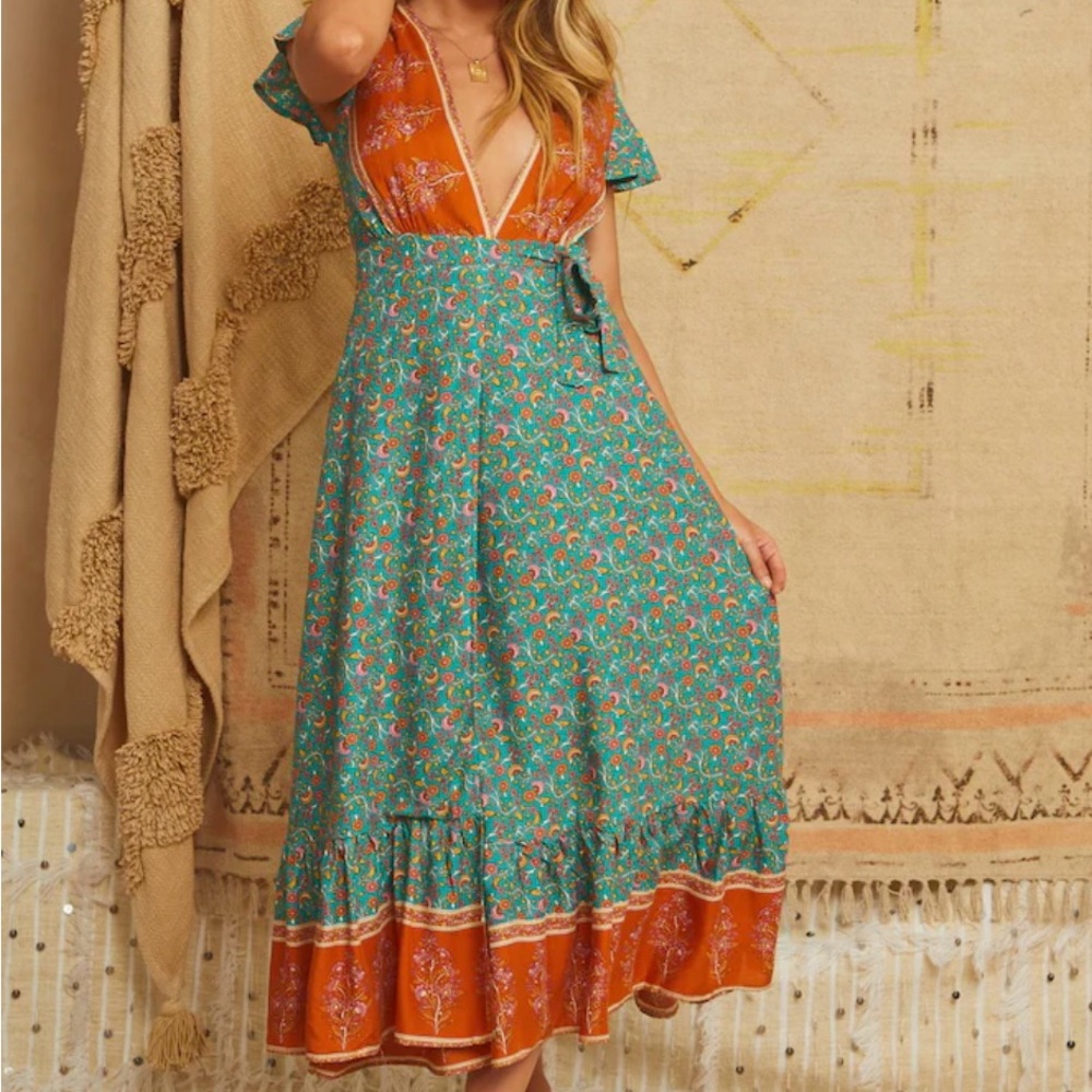 Floral Teal and Orange Midi Dress